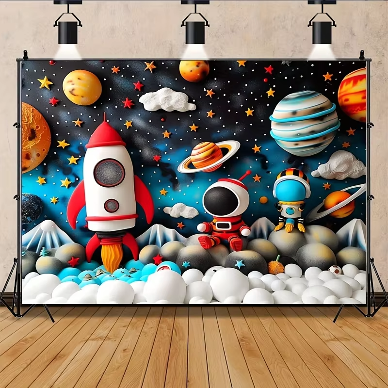 Astronauta dos desenhos animados espaço exterior planeta fundos para fotos crianças festa de aniversário decoração chá de fraldas pano de fundo photobooth adereços