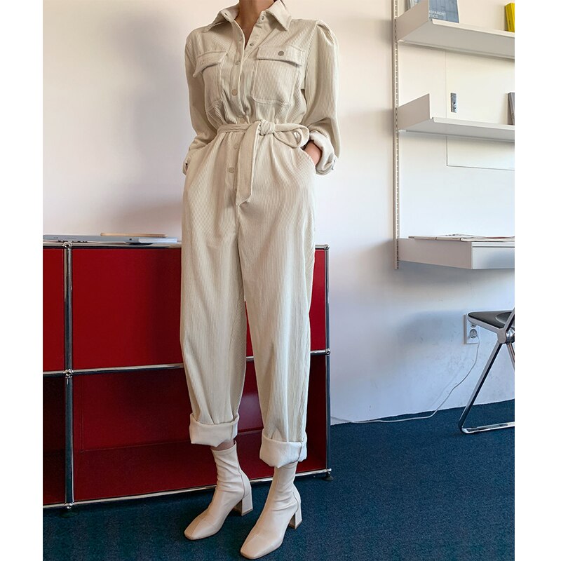 Lente corduroy jumpsuits romper dames hoge knoop jumpsuit dames casual overalls