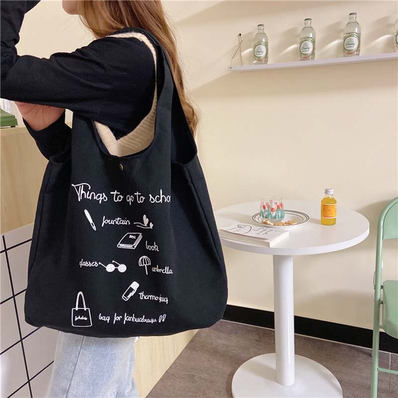 Sac de Shopping en toile solide réutilisable pour femmes, fourre-tout supplémentaire, sac d'épicerie , sac à bandoulière pour filles: Black