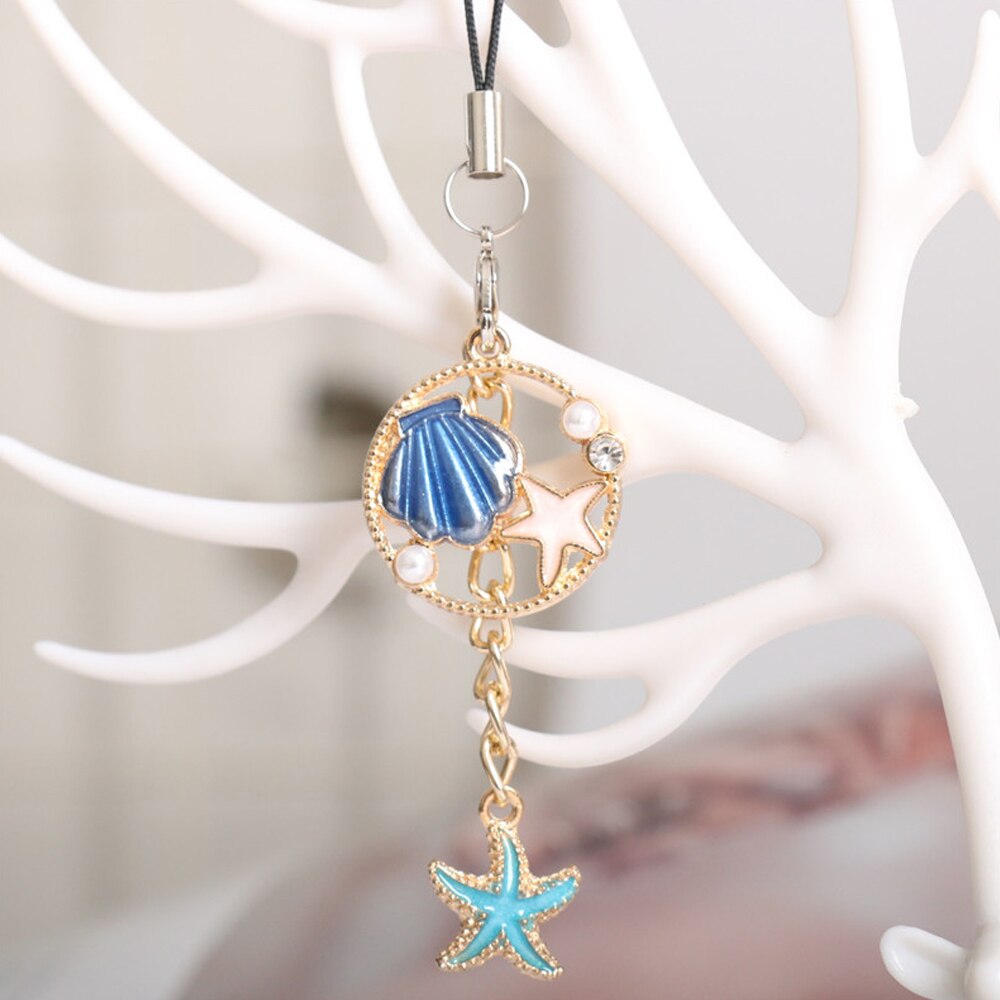 Luxo concha pérola pulseira de telefone inteligente para iphone/samsung/xiaomi/huawei caso starfish cinta do telefone móvel pendurar corda menina