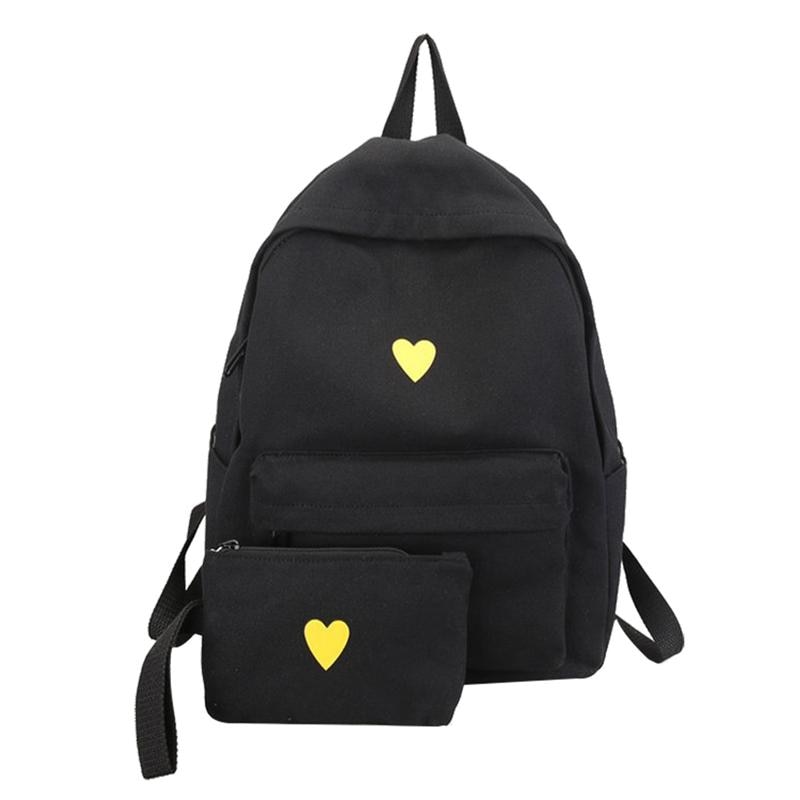 Lærred rygsæk simpel kærlighed indretning rygsæk til pige skole rejse shopping teenagere skole rygsæk (sort): Sort