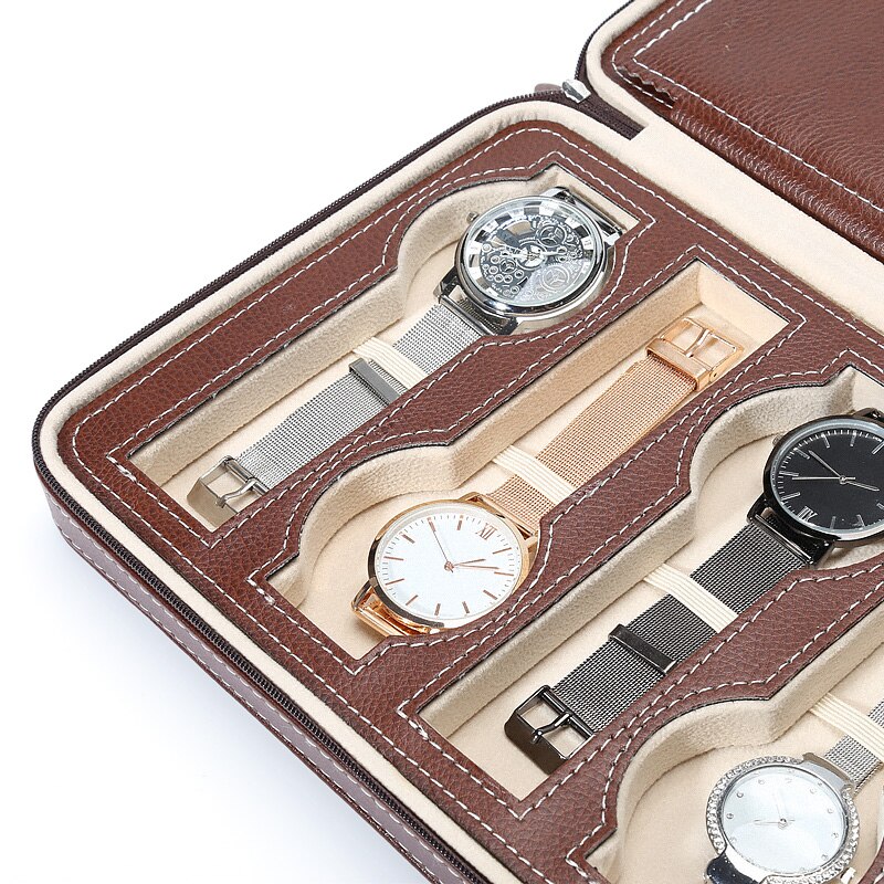 Black Brown Watch Display Box Leather Watch Organizer Storage Box Collection Case Zippere for Jewelry Watch 2/4/8 Grids