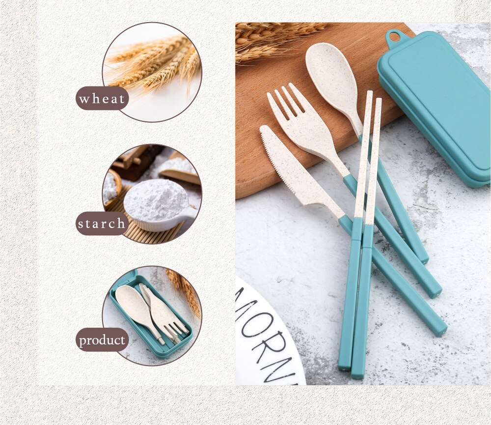Reizen Bestek Bestek Draagbare Box Japan Stijl Tarwestro Mes Vork Lepel Eetstokjes Student Keuken Servies Set
