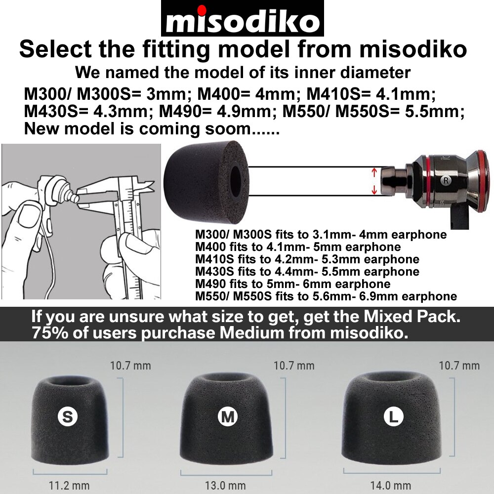 misodiko M300S Memory Foam Earbuds Tips Eartips for Shure SE215 SE315 SE535 SE425 SE846/Westone/ Klipsch/ Etymotic ER4XR HF3 HF5