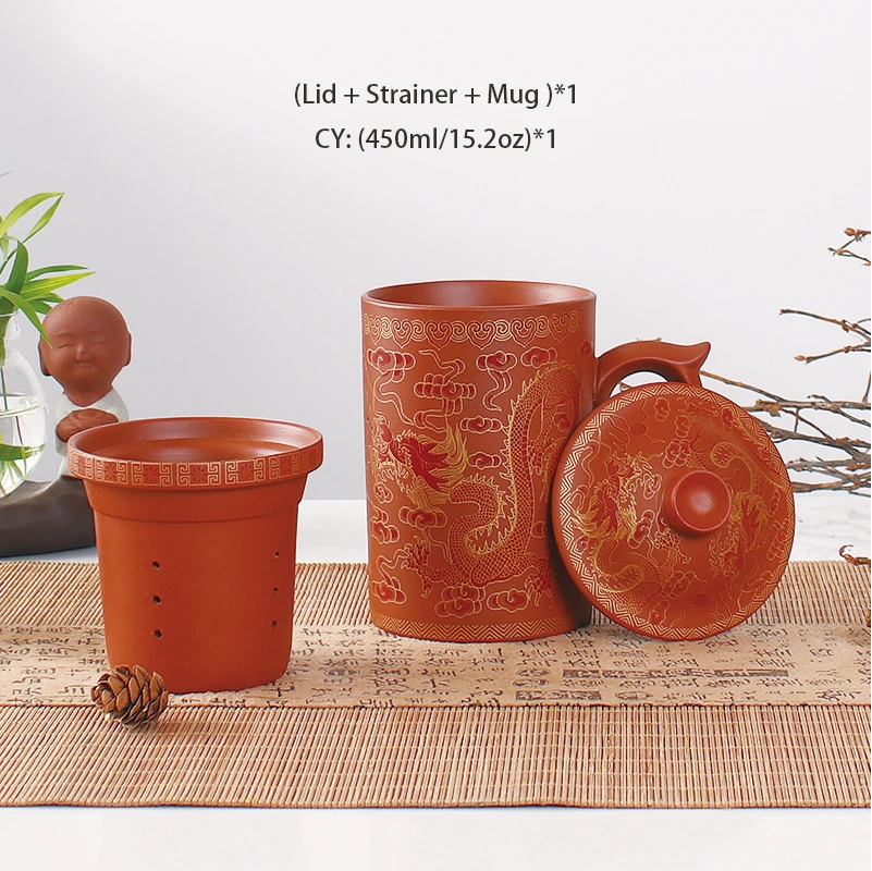 Retro Traditionele Chinese Draak Phenix Paarse Klei Thee Mok met Deksel Zetgroep Handgemaakte Yixing Zisha Thee Cup 300ml Theekopje Mok: Rood