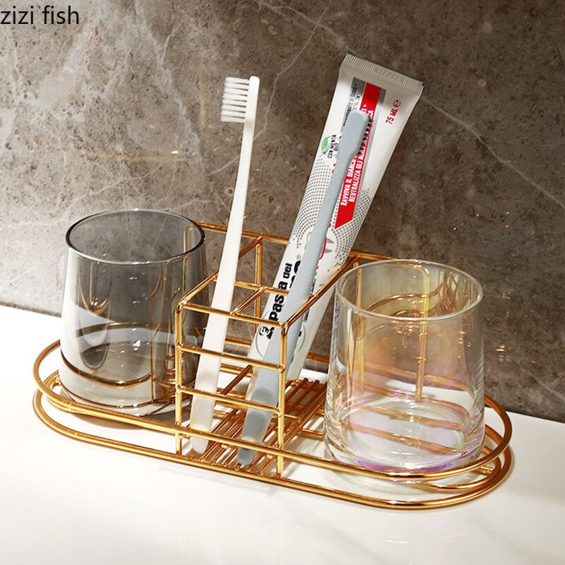 Conjunto de vasos de lavado de pared/escritorio soporte para vaso de baño de Metal suministros de vidrio enjuague bucal taza cepillo de dientes pasta de dientes estante de almacenamiento colgante de pared