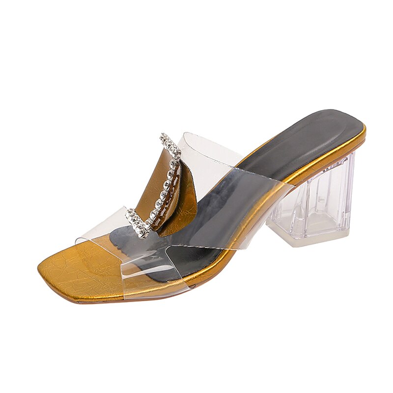 Sandalias de verano claras zapatos de mujer mulas hebilla de Metal deslizantes Peep Toe transparente cuadrado tacones altos zapatos femeninos Y10272: Dorado / 38