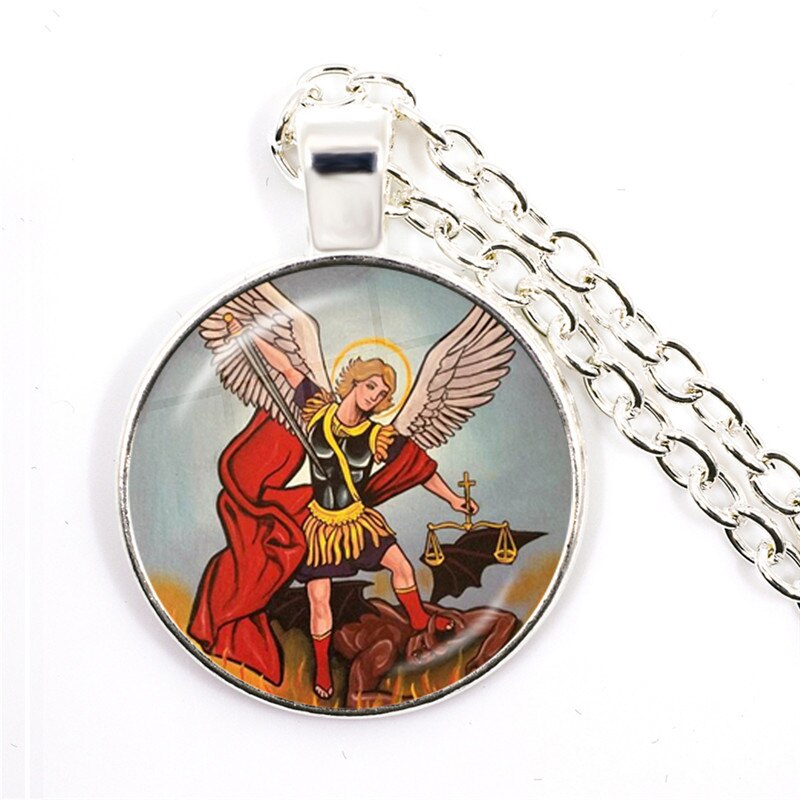 1pcs 25mm Glass Cabochon Necklace Archangel St.Michael Protect Me Saint Shield Protection Charm Russian Orhodox Pendant Jewelry: 13