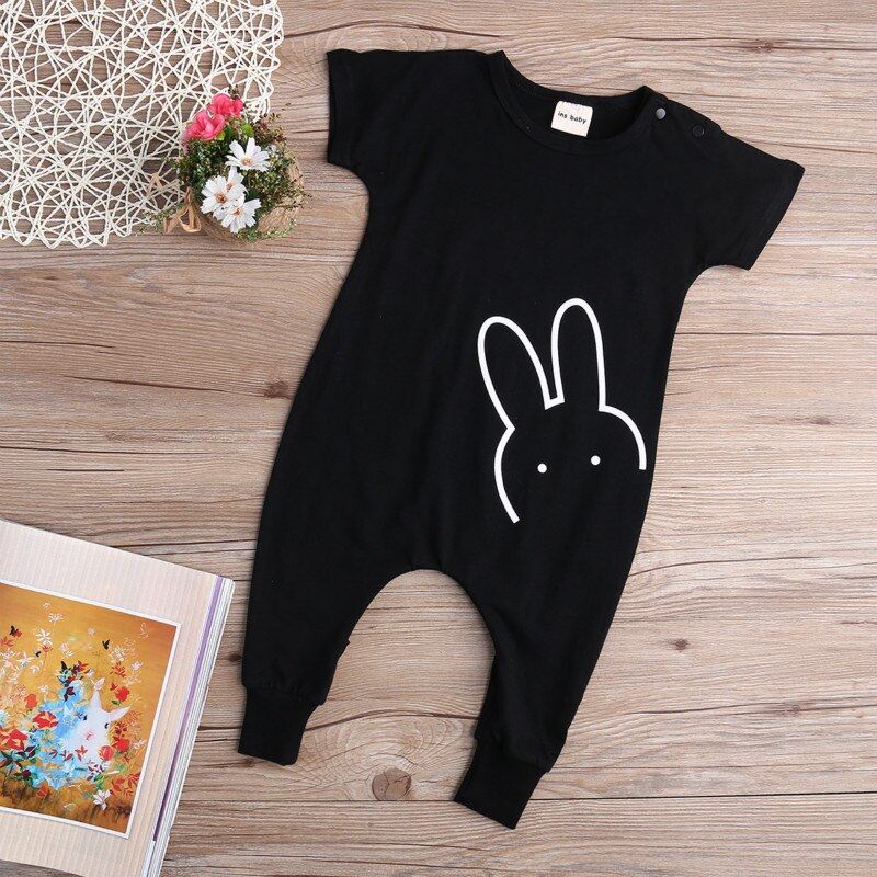 -Né Enfants Bébé Garçons Fille Coton Noir Décontracté Manches Courtes Lapin Barboteuse Long Pantalon Combinaison