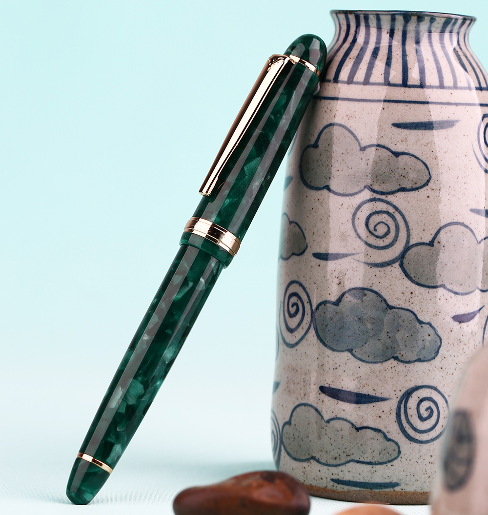 MAJOHN S3 Acrylic Resin Fountain Pen Green Iridium Extra Fine / Fine Nib 0.38 / 0.5mm Writing Ink Pen Gold Trim Office