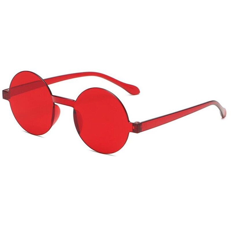 Candykleurige ronde zonnebril voor dames, vintage randloos, rood, geel, eendelige lens, trendy zonnebril voor heren en dames: Rood