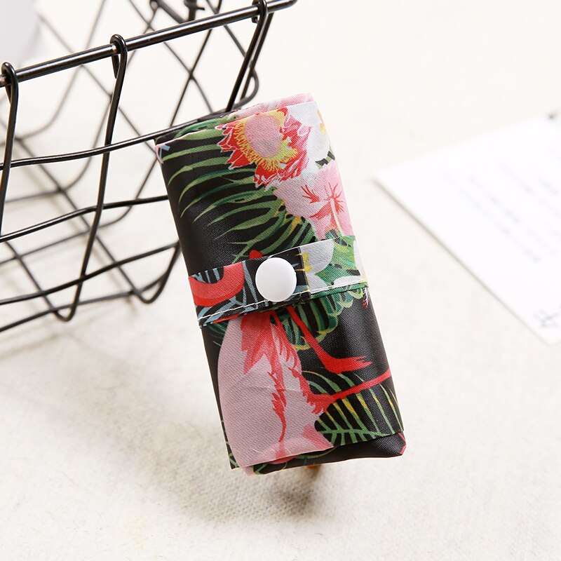 Flamingo bag Many Colors polyester Foldable Recycle Shopping Bag Eco Reusable Tote Bag Cartoon Floral Fruit Vegetable Grocery: CJ Black bird