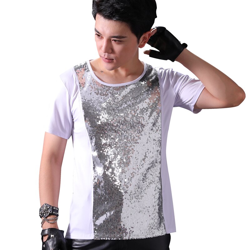 Camiseta de manga corta de lentejuelas de plata de tendencia de cantante masculino DJ de tambor de baile de discoteca de Bar