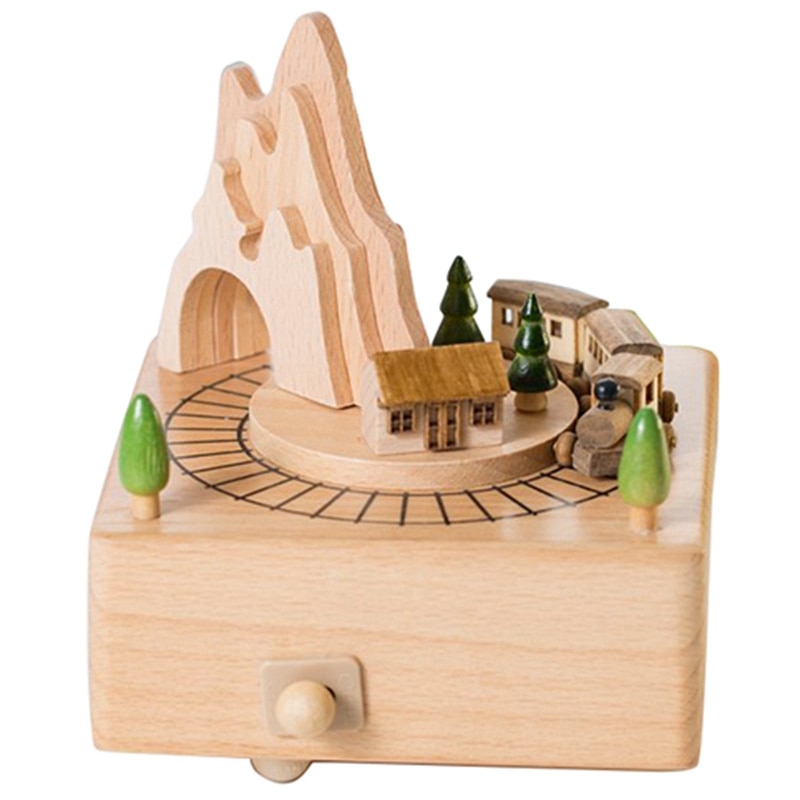Wooden Musical Box Featuring Mountain Tunnel With Small Moving Magnetic Train | Plays: Default Title