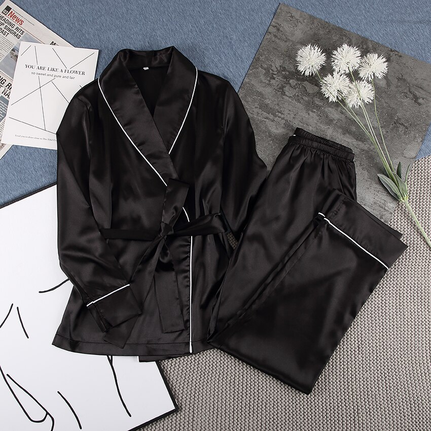 HiLoc Black Satin Sleepwear Home Clothes For Women Robe Sets Long Sleeve Bathrobe For Home Wear Night Set Spring Fashinon