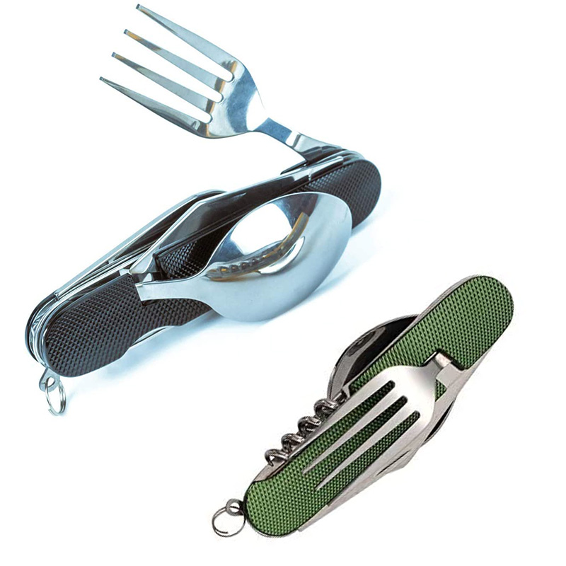 Multifunctional Foldable Pocket Stainless Steel Outdoor Camping Picnic Cutlery Knife Fork Spoon Tableware Parts: Black Green