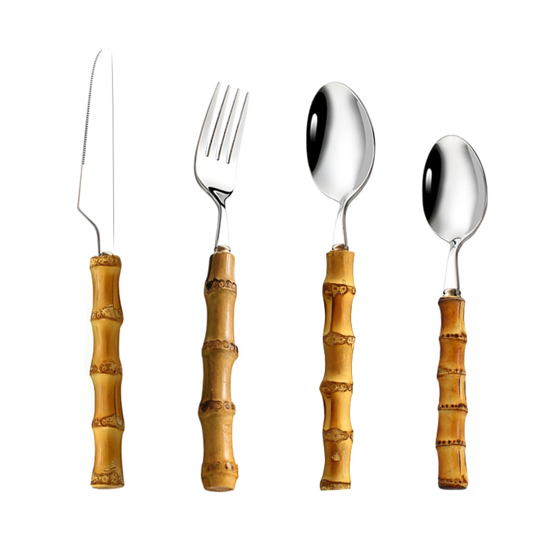4-24Pcs Natural Bamboo Tableware Set Stainless Steel Includes Fork Knife Spoon Set Flatware With Box Dinnerware Cutlery Set: 4Pcs Silver