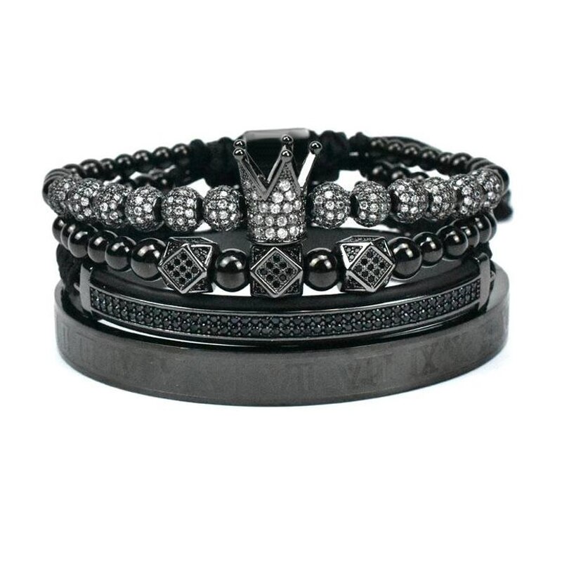 4 Stks/set Mannen Rvs Cz Zirkoon Crown Romeinse Cijfer Armband Hip Hop Armbanden Punk Handgemaakte Sieraden