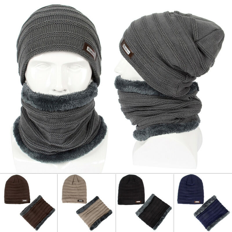 Mænd beanie strik hat vinter varm afslappet termisk slouchy ski cap fleece hals varmere sæt sort grå marineblå
