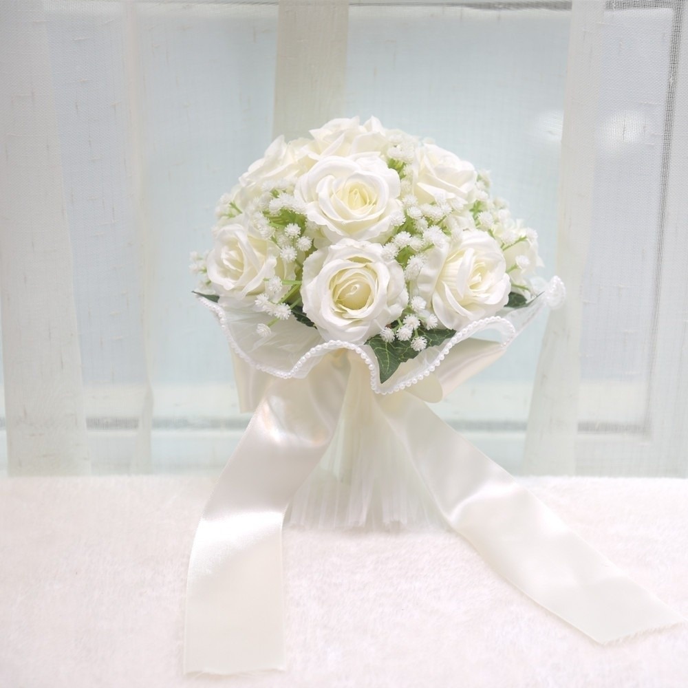 Baby's Atem Romantische Hochzeitssträuße Künstliche Seidenblumen Schleifenband Brautstrauß Koreanischer Stil Perlen Spitze Weiße Rosen Strauß: Blau