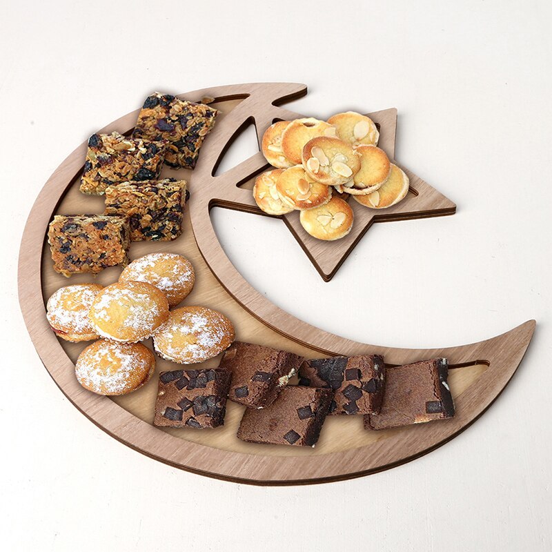 Eid Decoratie Houten Diner Plaat Thuis Ramadan Voedsel Dienblad Moon Star Eid Ramadan Home Party Dessert Decor