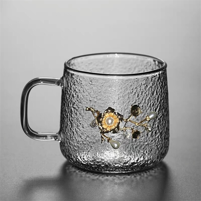 Heat Resistant Glass Coffee Mug with Lid and Spoon Office Silver Inlay Plum Blossom Teacup Transparent Hammer Pattern Milk Cup: E
