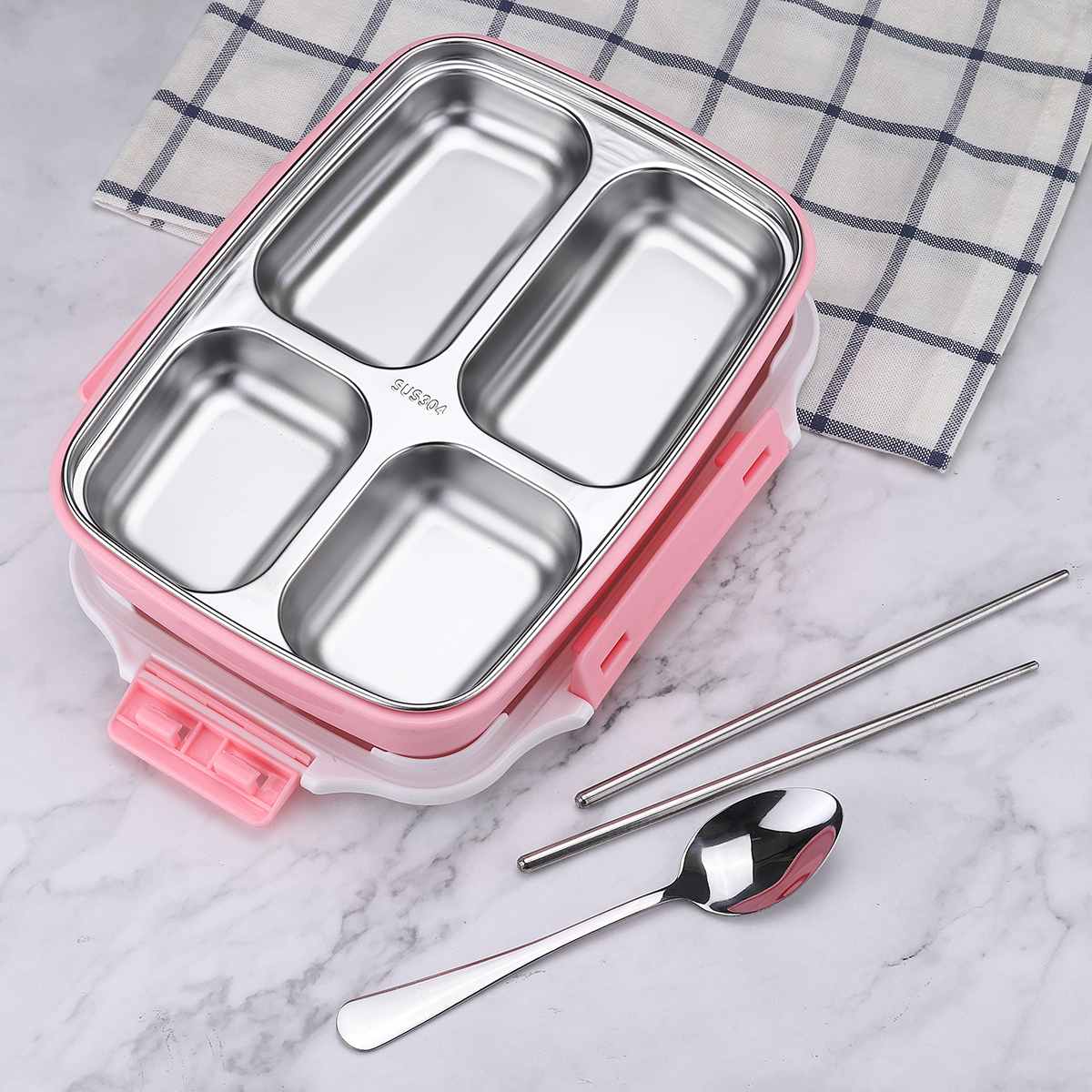 Japansk matlåda med fack 304 rostfri bento-låda för barn skolmatsbehållare läckagesäker matlåda värmearbete: Rosa 4 rutnät