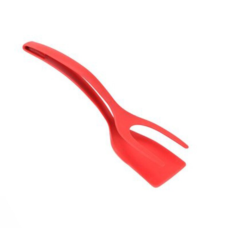 2 In 1 Multifunctional Non-Stick Food Clip Tongs Fried Egg Cooking Turner Pancake Spatula Pizza Barbecue Omelet Kitchen Clamp: Red