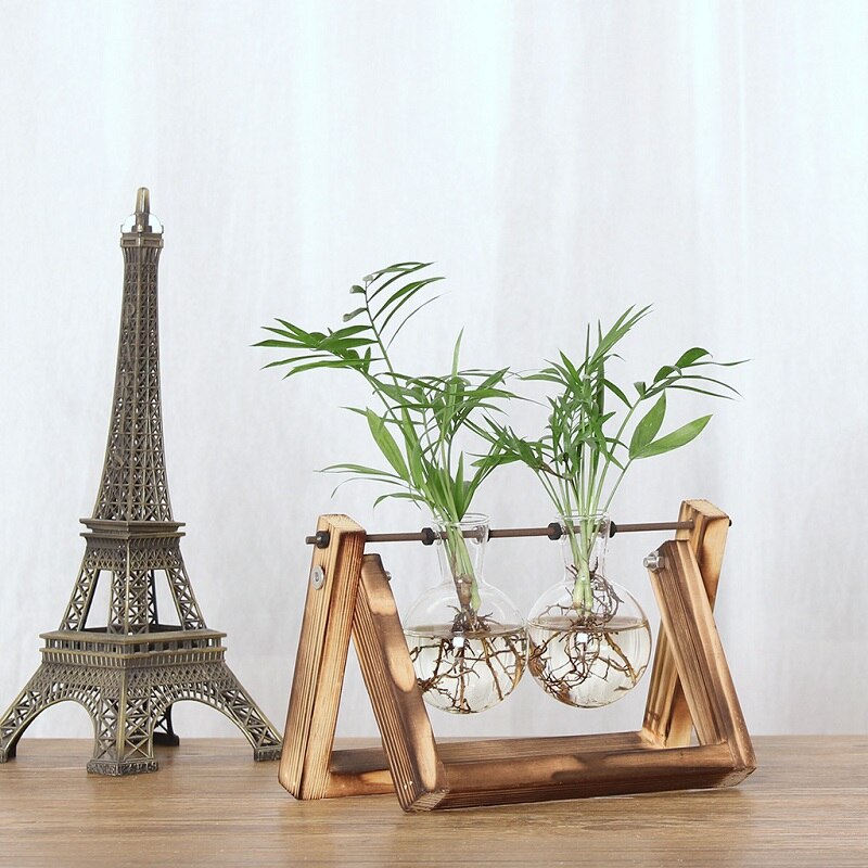 Glas og træ vase planter terrarium bord desktop hydroponics plante bonsai urtepotte hængende potter med træbakke boligindretning