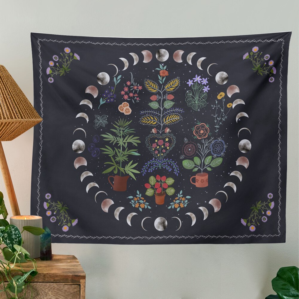 Moonlit Tuin Tapestry Maan Fase Tapestry Bloemen Wandtapijten Zwarte Achtergrond Bloemen Tapijt Muur Opknoping Voor Kamer Home Decor