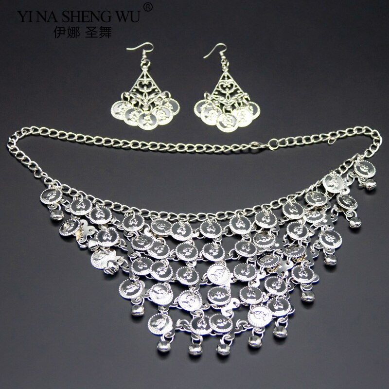 Conjunto de accesorios de danza del vientre para mujer, collar, pendientes, pulsera, juego de oro y plata, accesorio de danza del vientre, India,