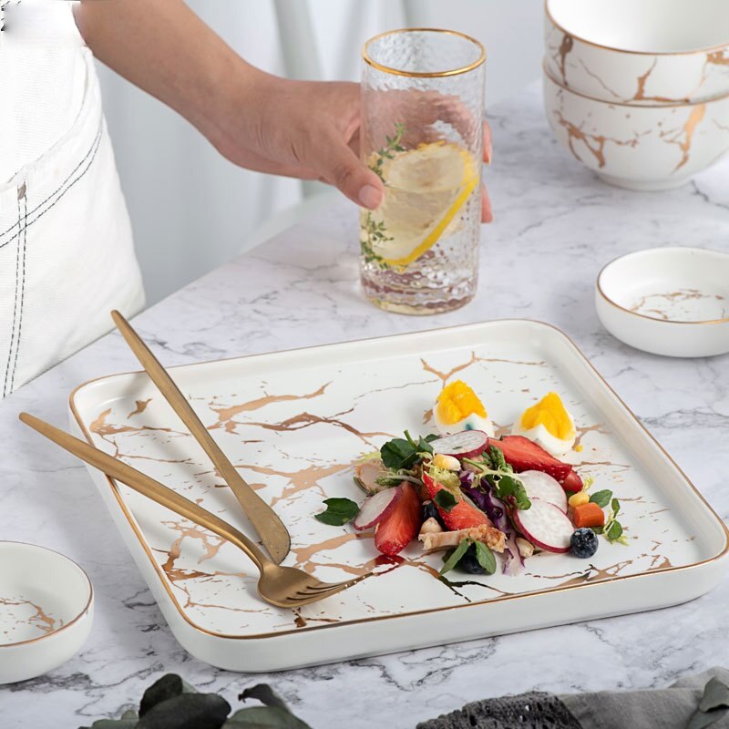 Square Tableware Marble Plates Ceramic Dinner Set Gold Inlay Porcelain Dessert Plate Steak Salad Snack Cake Plates