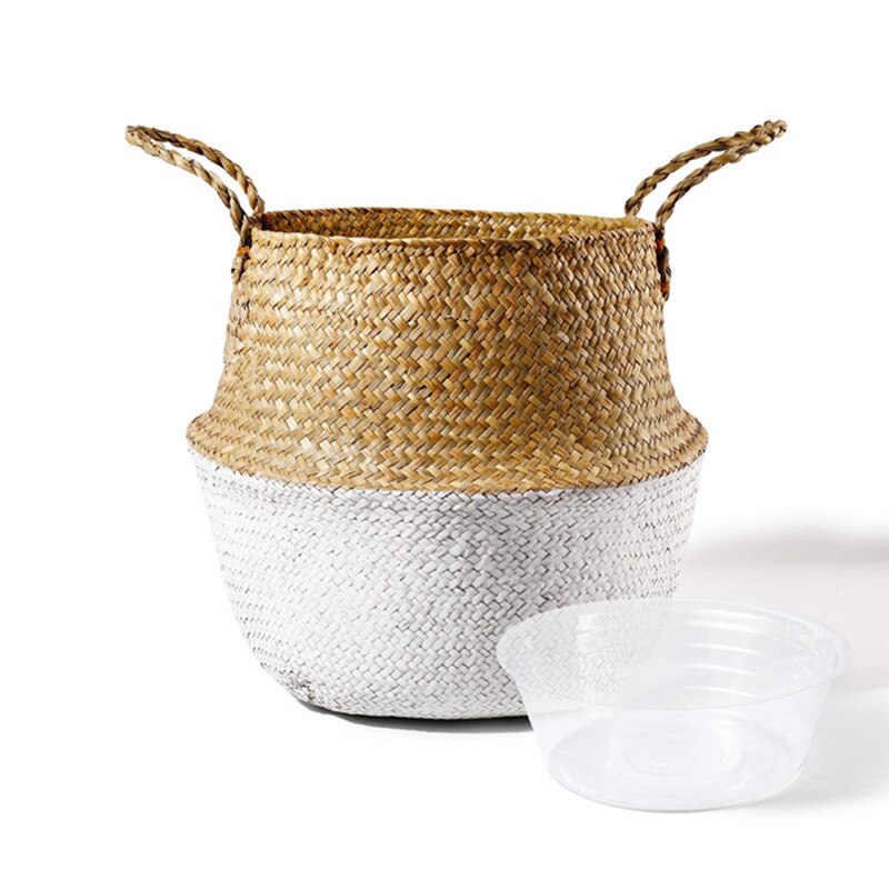 20cm Handmade Rattan Woven Basket with Waterproof Cover Foldable Seagrass Clothing Storage Basket Home Decor Flowerpot Organizer: white with cover