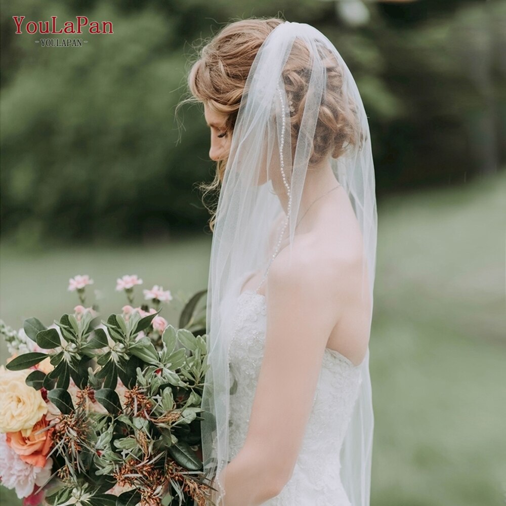 Youla Pan V34 Elegante Bruiloft Sluier Met Crystal Edge Veil Voor Bruid 1 Layer Wit Vingertop Lengte Sluier Met Kam bruidssluier