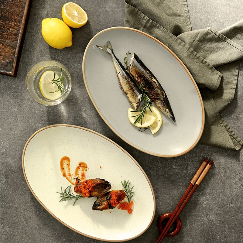 Large size fish plate with chopped pepper fish head ceramic plate oval large-capacity flat plate cooking plate steamed
