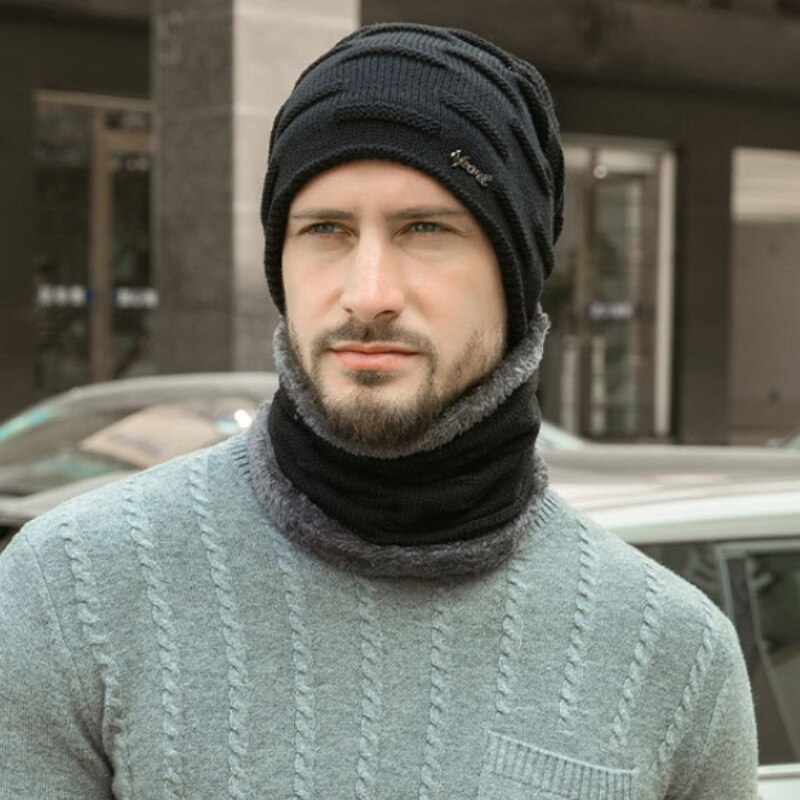 Ht2679 wintersets dikke warme wintermutsen voor heren winddicht fleece binnenin heren muts sjaalset heren gebreide mutsen winteraccessoire