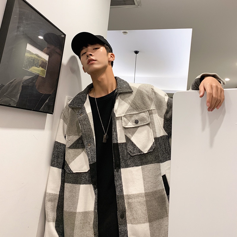 Vinter ulden frakke mænd afslappet tartan ulden jakke mænd streetwear vild løs stor størrelse herre jakker overfrakke m -5xl