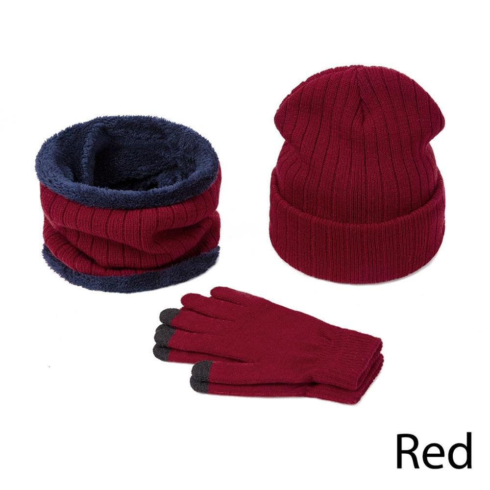 3 stk vinter hat tørklæde sæt mænd hat tørklæde handsker sæt vinter varm tykkere tørklæde touch screen handsker unisex: Rød