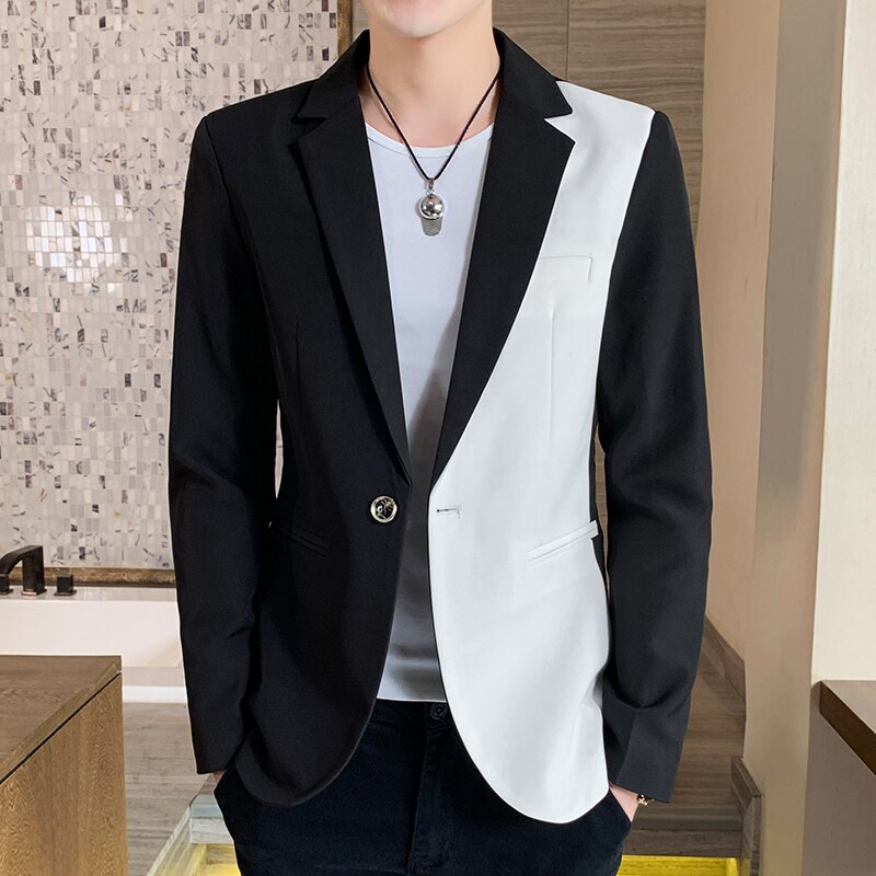 Svart hvit patchwork herre blazer jakke merke koreansk enkeltknapp slim fit herre dress kåpe vest homme kostyme: Svart / Asiatisk størrelse m