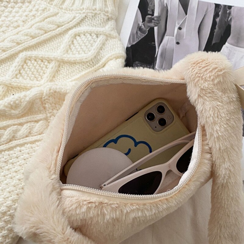 Mulheres de pelúcia ombro underarm saco macio outono inverno moda fofo feminino compras tote cor sólida casual zíper fuzzy bolsa
