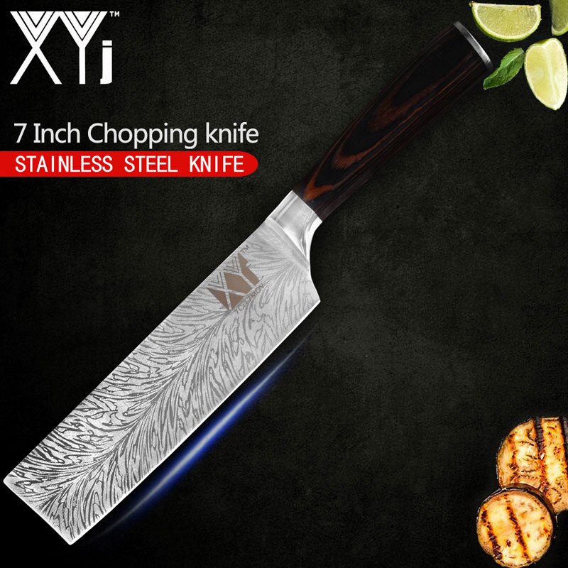 XYj Stainless Steel Kitchen Knives Set 8'' INCH Knife Storage Box Holder Damascus Pattern Veins Blade Full Tang Blade Accessory: 7 inch chopping