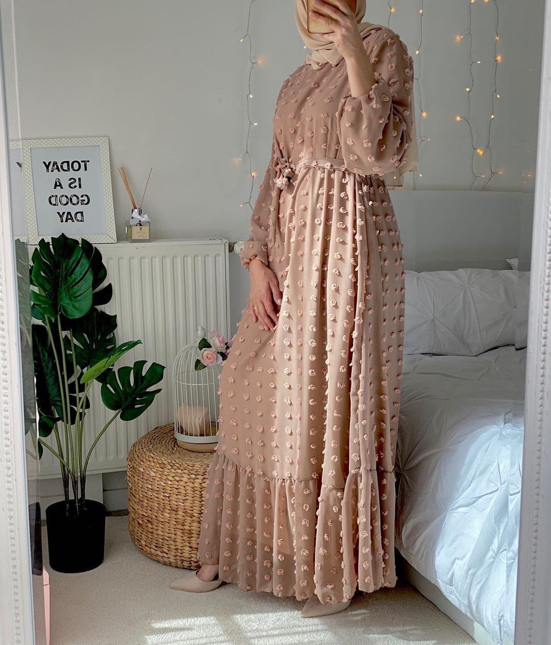 Wepbel – Robe musulmane à manches longues, col rond, Abaya, petite boule de fourrure, musulmane, grande taille, Robe Maxi arabe
