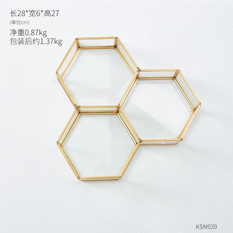 Hexagon metallglas väggmonteringsrum heminredning vardagsrum sovrum modern enkel vägghylla geometrisk hylla: B