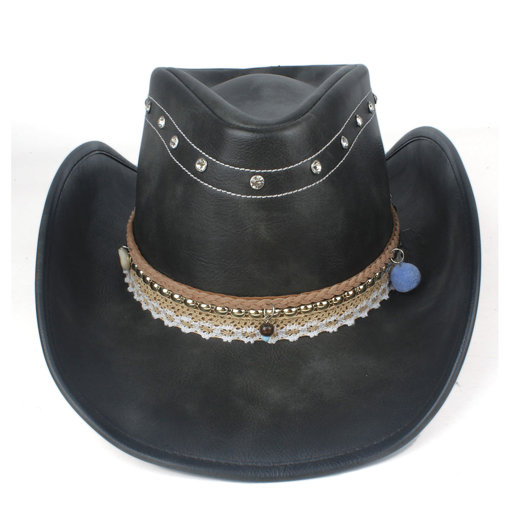 100% Leather Women Black Western Cowboy Hat Lady Wide Brim Hat Outdoor Performance Cowgirl Hat