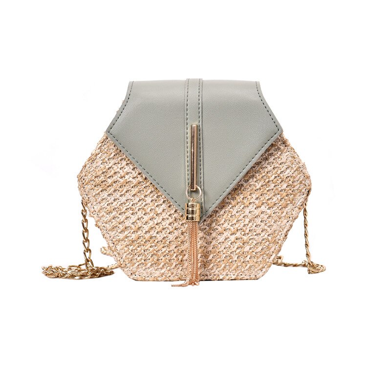 1PC sac de paille hexagone sac à main paille + cuir gland métal bohême rotin épaule été plage chaîne sac pour femme: Green