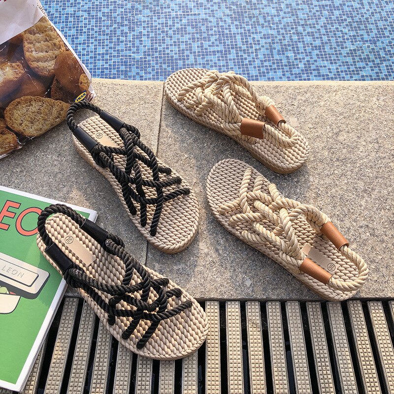 Koovan Vrouwen Sandalen Zomer Sandaal Meisjes Platte Hennep Touw Kruis Riem Vrouwen Schoenen Comfortabele Casual Strand Sandalen