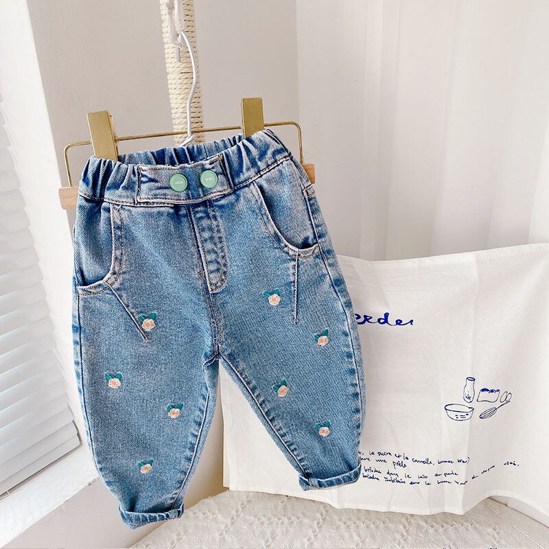 Pantalones vaqueros con bordado de flores para niña, pantalón vaquero para Bebé y Niño, primavera y otoño, 2022
