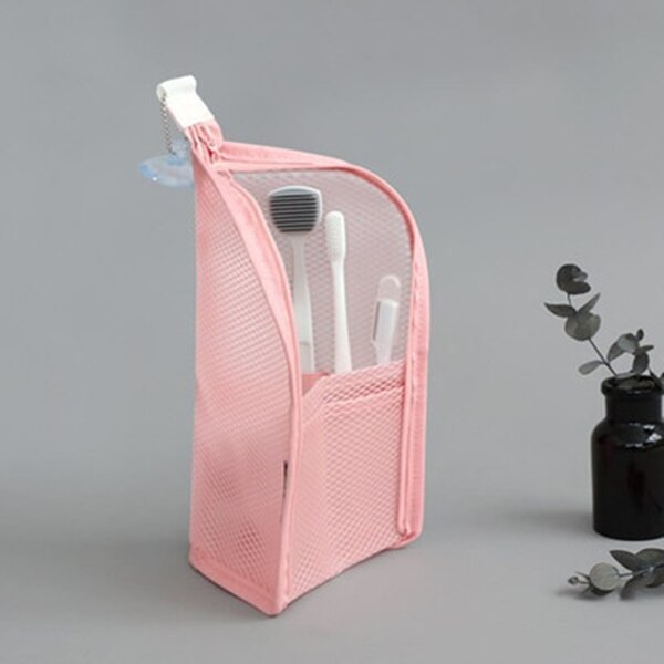 Bolsa plegable de viaje para brochas de maquillaje, bolsa portátil con malla para cosméticos bolsa de maquillaje de viaje, organizador de lavado de cepillos de dientes, 1 unidad: pink