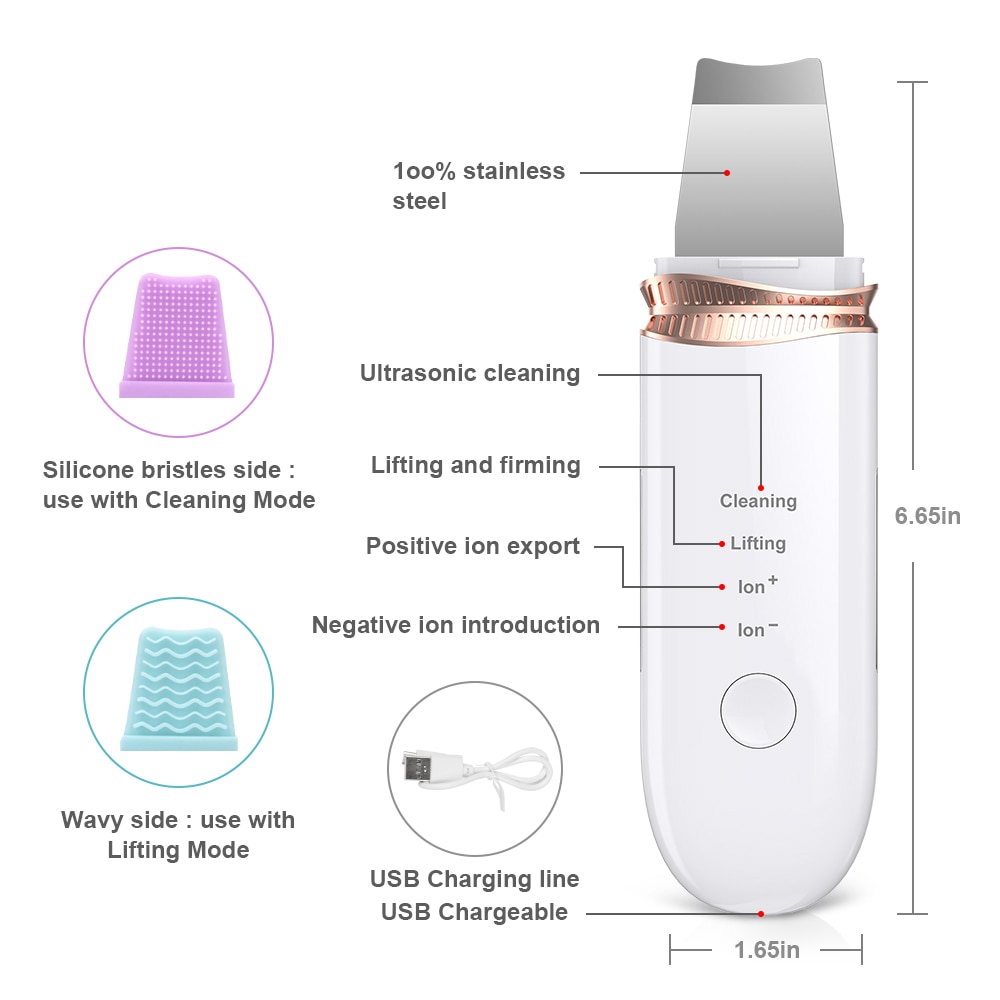 Ultrasone Huid Scrubber Comedondrukker Ion Diepe Gezicht Reiniging Schop Gezicht Spatel Cavitatie Peeling Ems Huid Reinigen