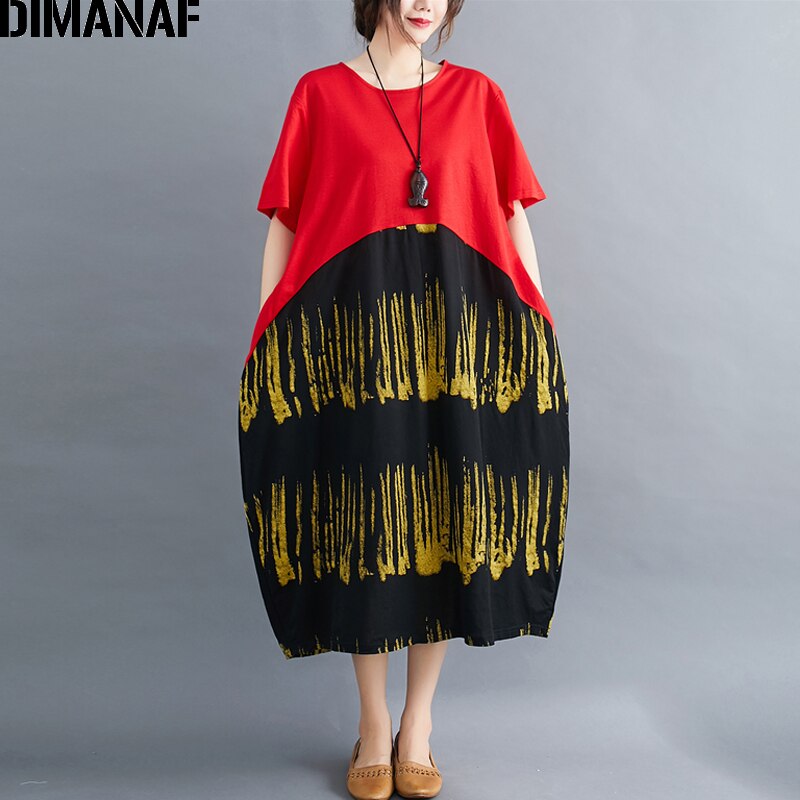 DIMANAF, vestido de verano de talla grande, ropa de mujer, vestido veraniego para mujer, vestido holgado Vintage de algodón negro a rayas, Vestidos elegantes para mujer